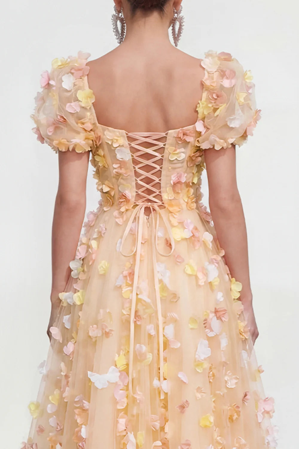 Elegant Square Neck Puff Sleeve Lace Up Back 3D Floral Petal Embellished Tulle A Line Midi Prom Dress
