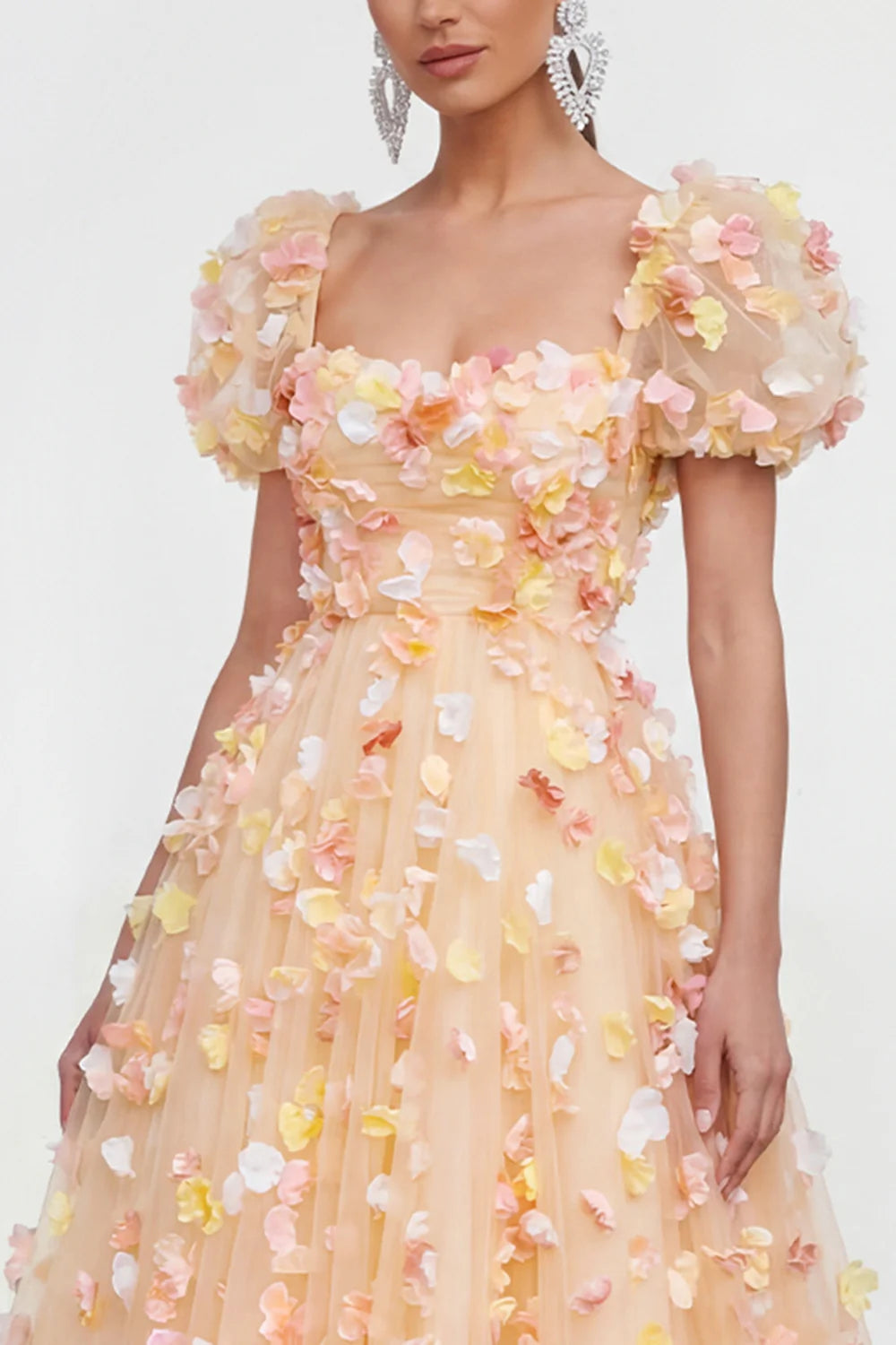 Elegant Square Neck Puff Sleeve Lace Up Back 3D Floral Petal Embellished Tulle A Line Midi Prom Dress