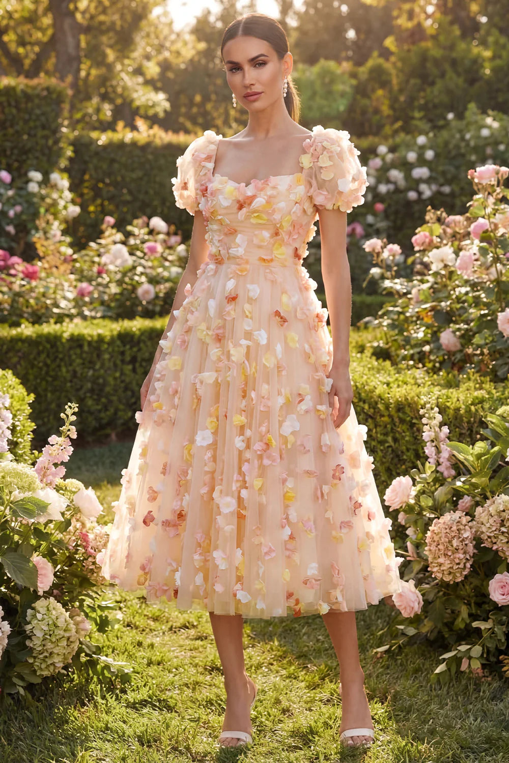 Elegant Square Neck Puff Sleeve Lace Up Back 3D Floral Petal Embellished Tulle A Line Midi Prom Dress