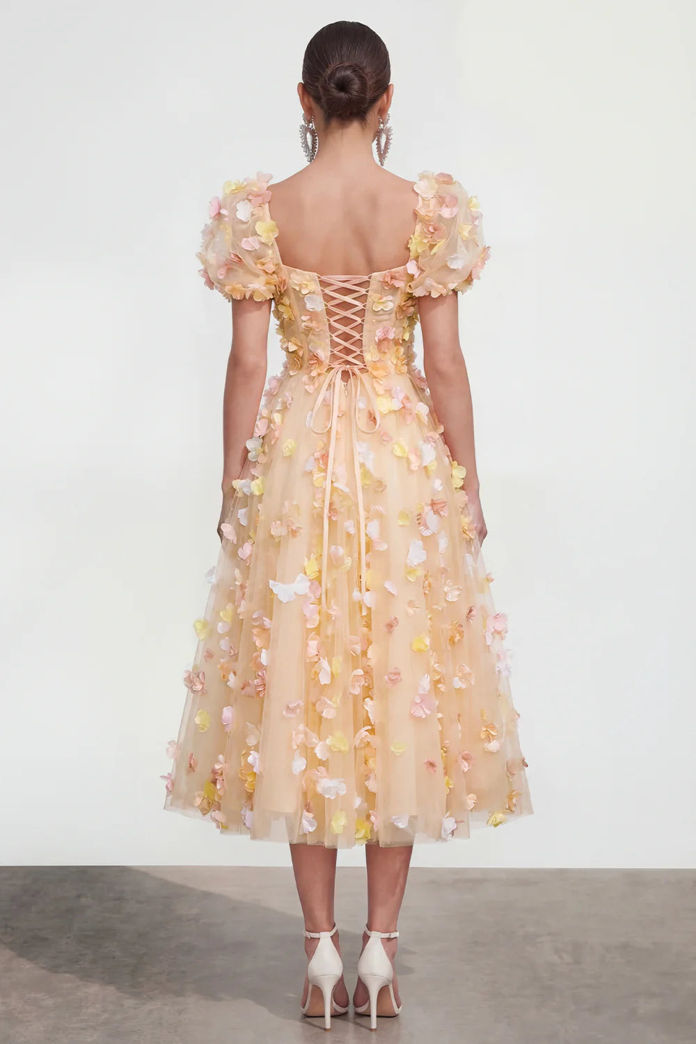 Elegant Square Neck Puff Sleeve Lace Up Back 3D Floral Petal Embellished Tulle A Line Midi Prom Dress