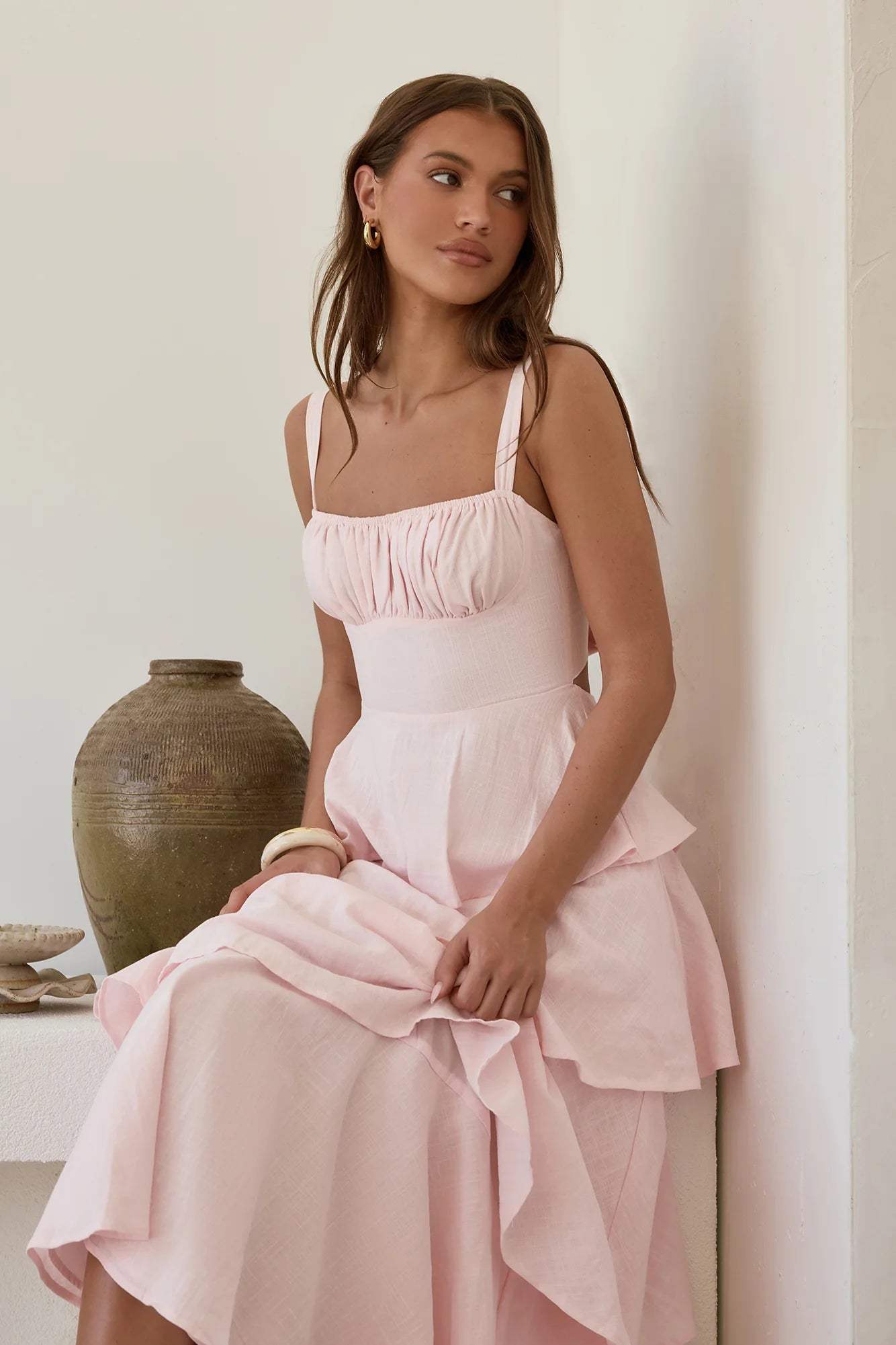 Elegant Square Neck Ruched Bust Tiered Ruffle Tie Back Cutout Maxi Prom Dress For Formal Evening Wedding Guest Bridesmaid Cocktail Party