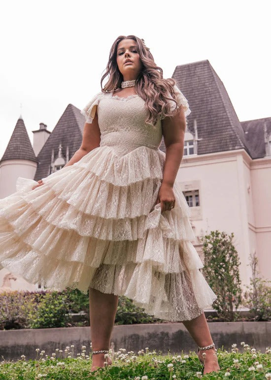 Elegant Square Neck Ruffle Sleeve Asymmetrical Tiered Ruffle Hem Lace Overlay Midi Evening Dress For Formal Evening Prom Wedding Guest Bridesmaid Cocktail Party Gala