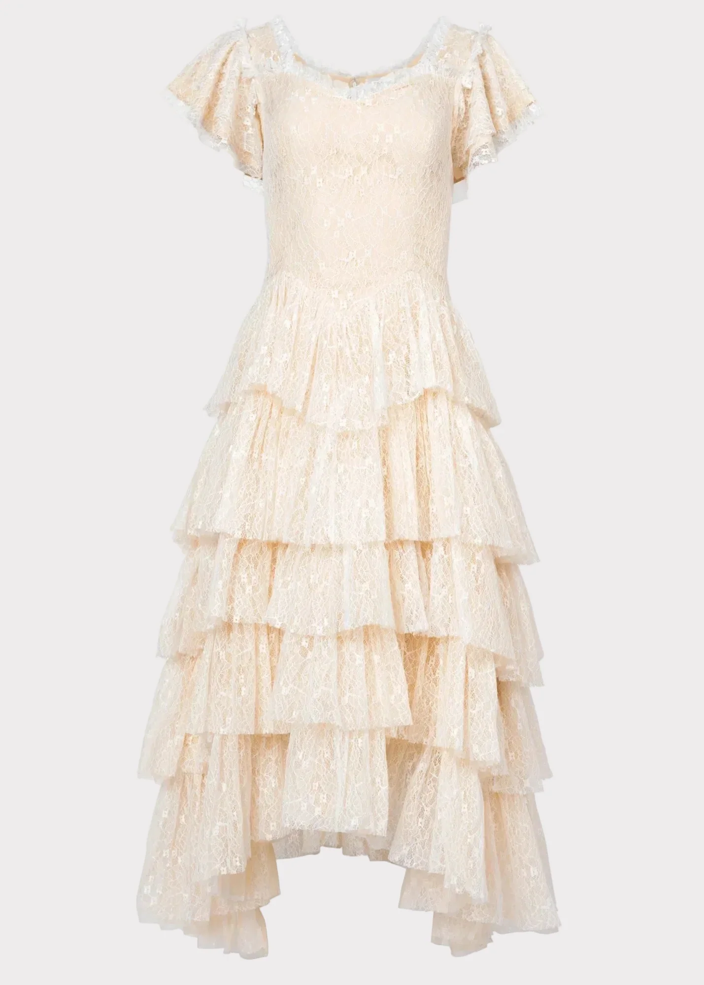 Elegant Square Neck Ruffle Sleeve Asymmetrical Tiered Ruffle Hem Lace Overlay Midi Evening Dress For Formal Evening Prom Wedding Guest Bridesmaid Cocktail Party Gala