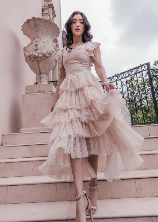 Elegant Square Neck Ruffle Sleeve Asymmetrical Tiered Ruffle Hem Lace Overlay Midi Evening Dress For Formal Evening Prom Wedding Guest Bridesmaid Cocktail Party Gala