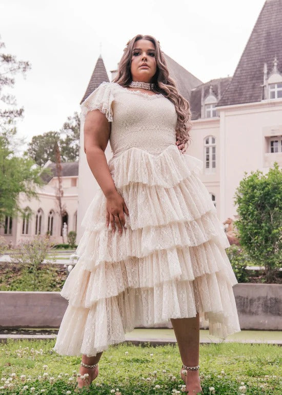 Elegant Square Neck Ruffle Sleeve Asymmetrical Tiered Ruffle Hem Lace Overlay Midi Evening Dress For Formal Evening Prom Wedding Guest Bridesmaid Cocktail Party Gala