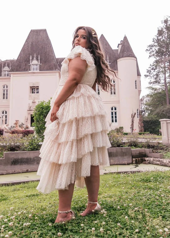 Elegant Square Neck Ruffle Sleeve Asymmetrical Tiered Ruffle Hem Lace Overlay Midi Evening Dress For Formal Evening Prom Wedding Guest Bridesmaid Cocktail Party Gala