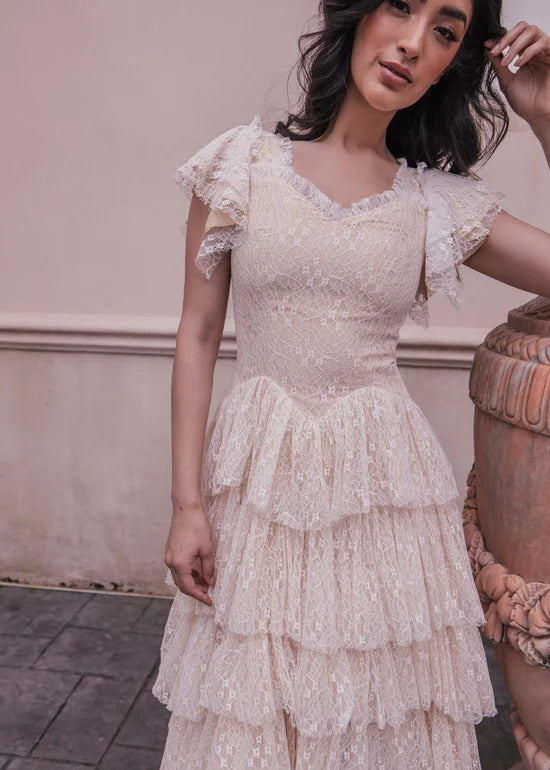 Elegant Square Neck Ruffle Sleeve Asymmetrical Tiered Ruffle Hem Lace Overlay Midi Evening Dress For Formal Evening Prom Wedding Guest Bridesmaid Cocktail Party Gala