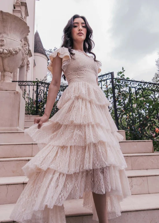 Elegant Square Neck Ruffle Sleeve Asymmetrical Tiered Ruffle Hem Lace Overlay Midi Evening Dress For Formal Evening Prom Wedding Guest Bridesmaid Cocktail Party Gala