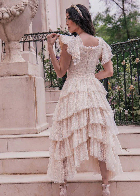 Elegant Square Neck Ruffle Sleeve Asymmetrical Tiered Ruffle Hem Lace Overlay Midi Evening Dress For Formal Evening Prom Wedding Guest Bridesmaid Cocktail Party Gala