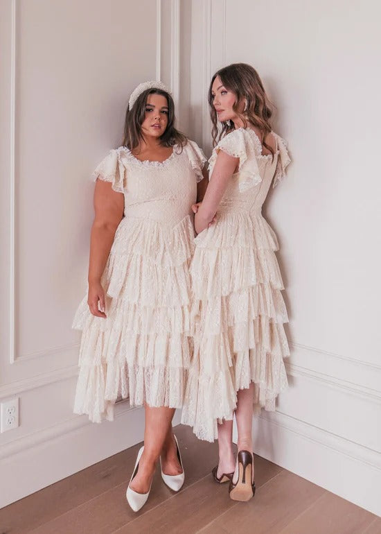 Elegant Square Neck Ruffle Sleeve Asymmetrical Tiered Ruffle Hem Lace Overlay Midi Evening Dress For Formal Evening Prom Wedding Guest Bridesmaid Cocktail Party Gala