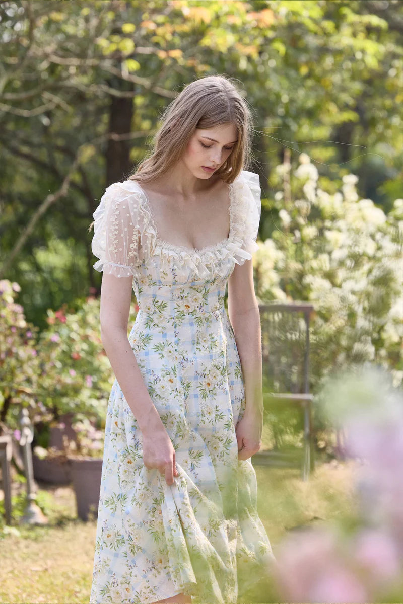 Elegant Square Neck Ruffle Trim Floral Gingham Print Puff Sleeve Midi Prom Dress For Formal Evening Wedding Guest Bridesmaid Cocktail Party