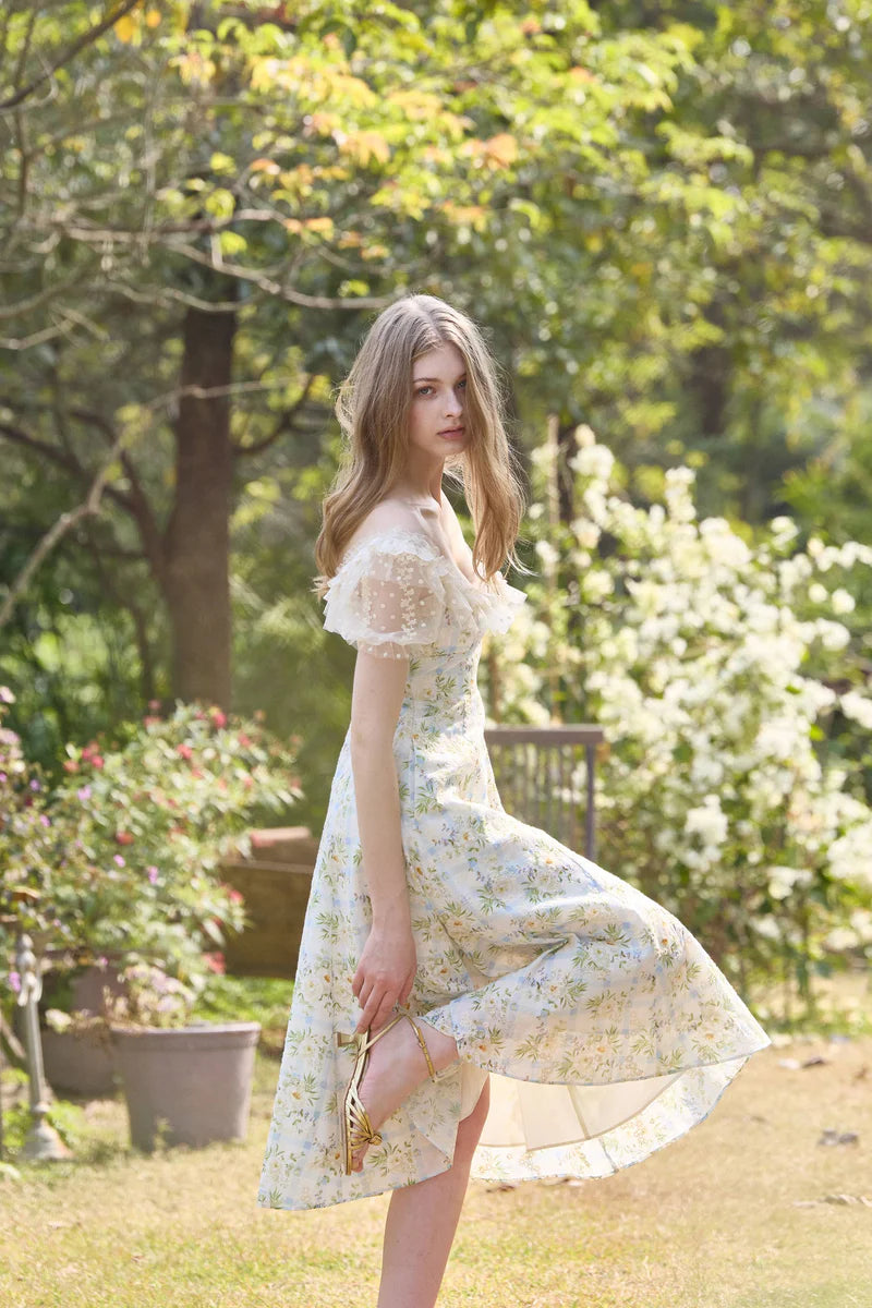 Elegant Square Neck Ruffle Trim Floral Gingham Print Puff Sleeve Midi Prom Dress For Formal Evening Wedding Guest Bridesmaid Cocktail Party