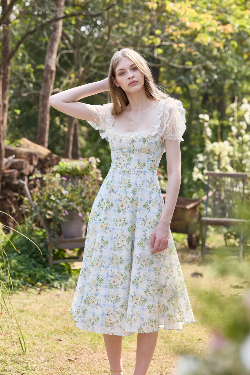 Elegant Square Neck Ruffle Trim Floral Gingham Print Puff Sleeve Midi Prom Dress For Formal Evening Wedding Guest Bridesmaid Cocktail Party