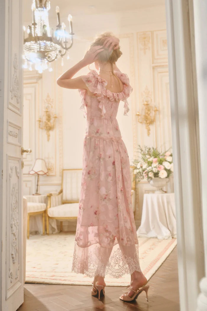 Elegant Square Neck Ruffle Trim Floral Print Lace Hem Maxi Prom Dress For Formal Evening Wedding Guest Bridesmaid Cocktail Party