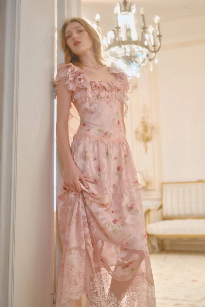 Elegant Square Neck Ruffle Trim Floral Print Lace Hem Maxi Prom Dress For Formal Evening Wedding Guest Bridesmaid Cocktail Party