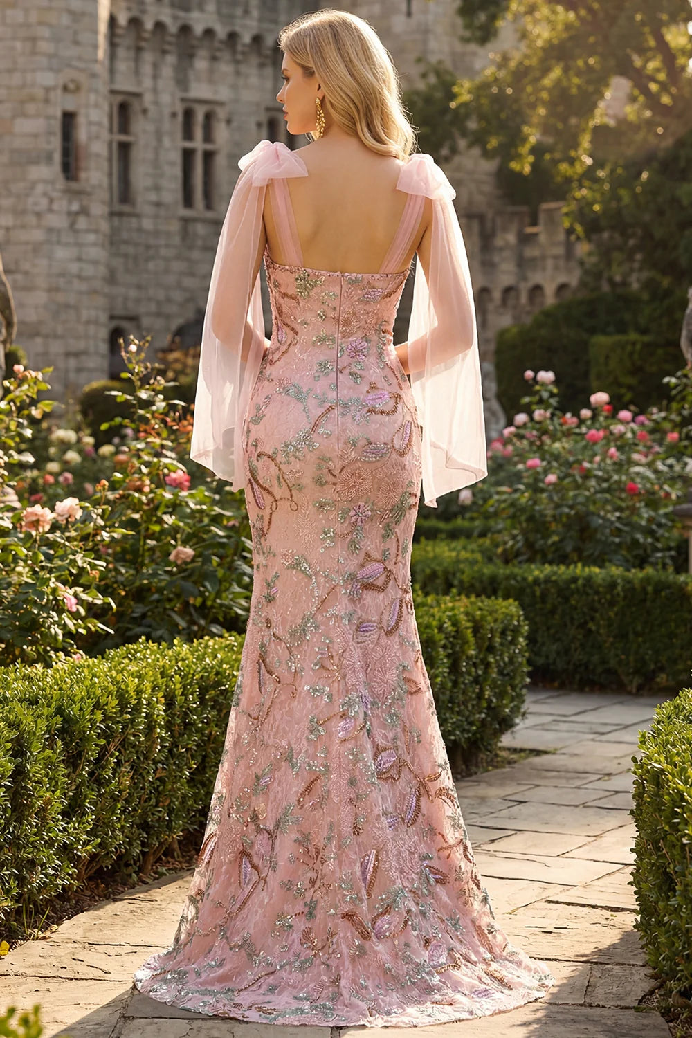 Elegant Square Neck Sheer Bow Strap Floral Sequin Embroidered High Slit Mermaid Prom Dress