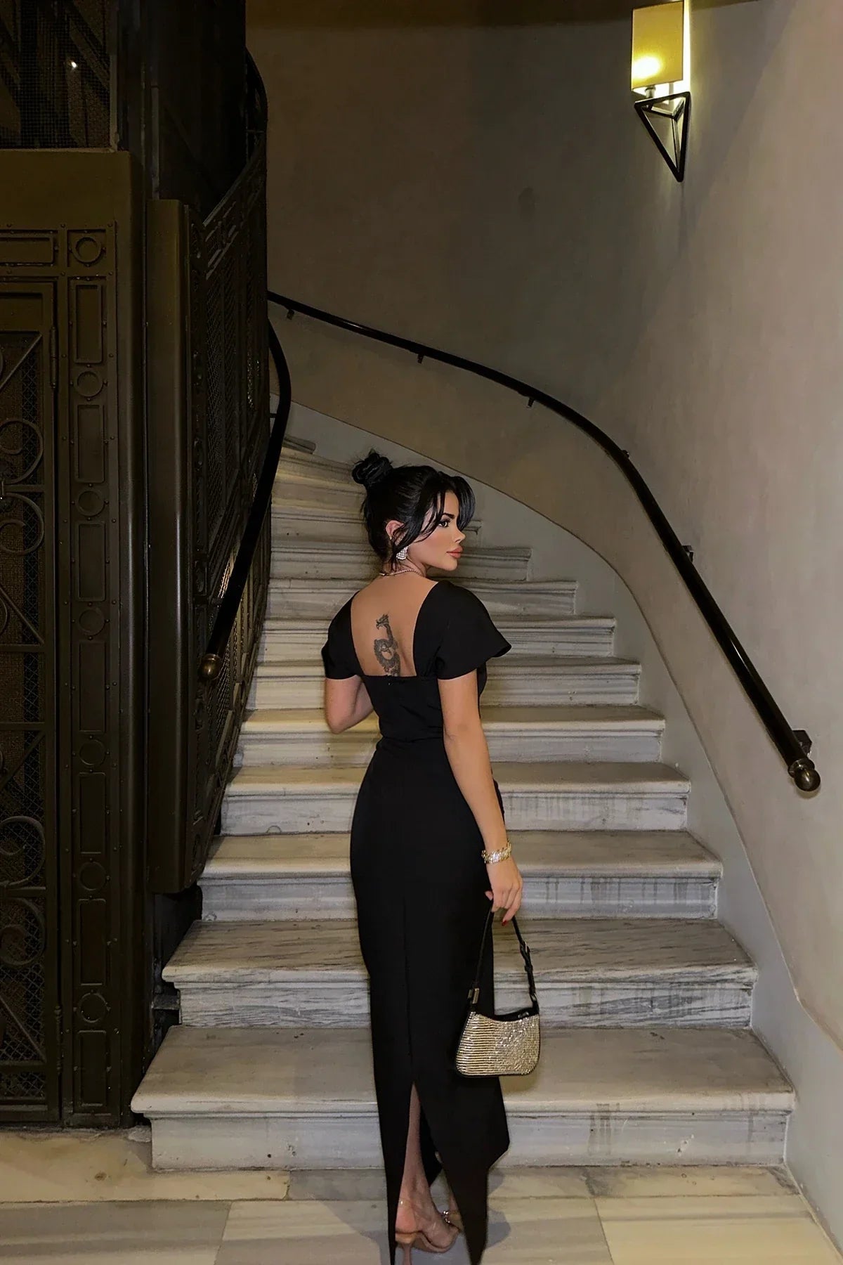Elegant Square Neck Short Sleeve Open Back Beaded Trim Maxi Prom Dress For Formal Evening Wedding Guest