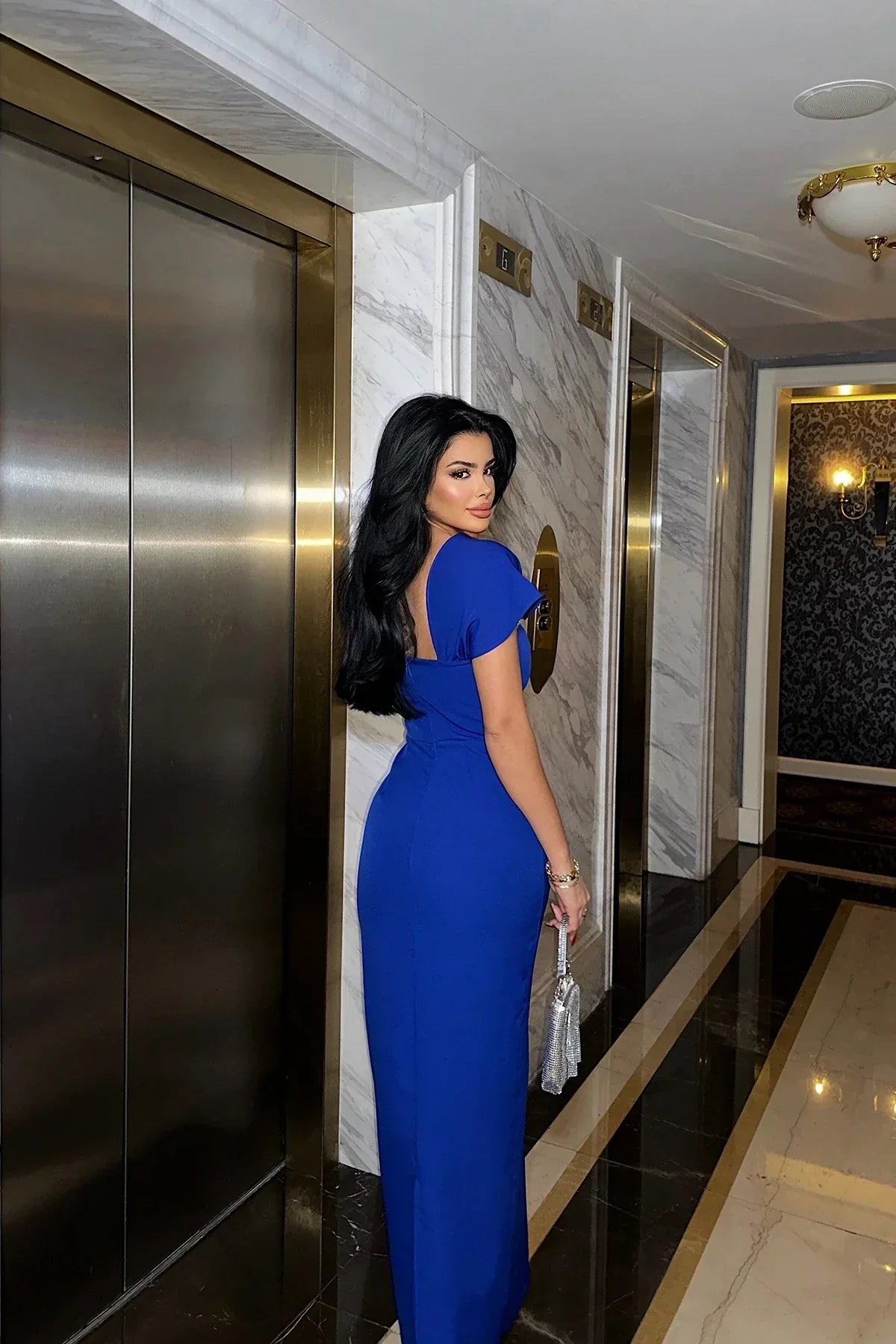 Elegant Square Neck Short Sleeve Open Back Beaded Trim Maxi Prom Dress For Formal Evening Wedding Guest