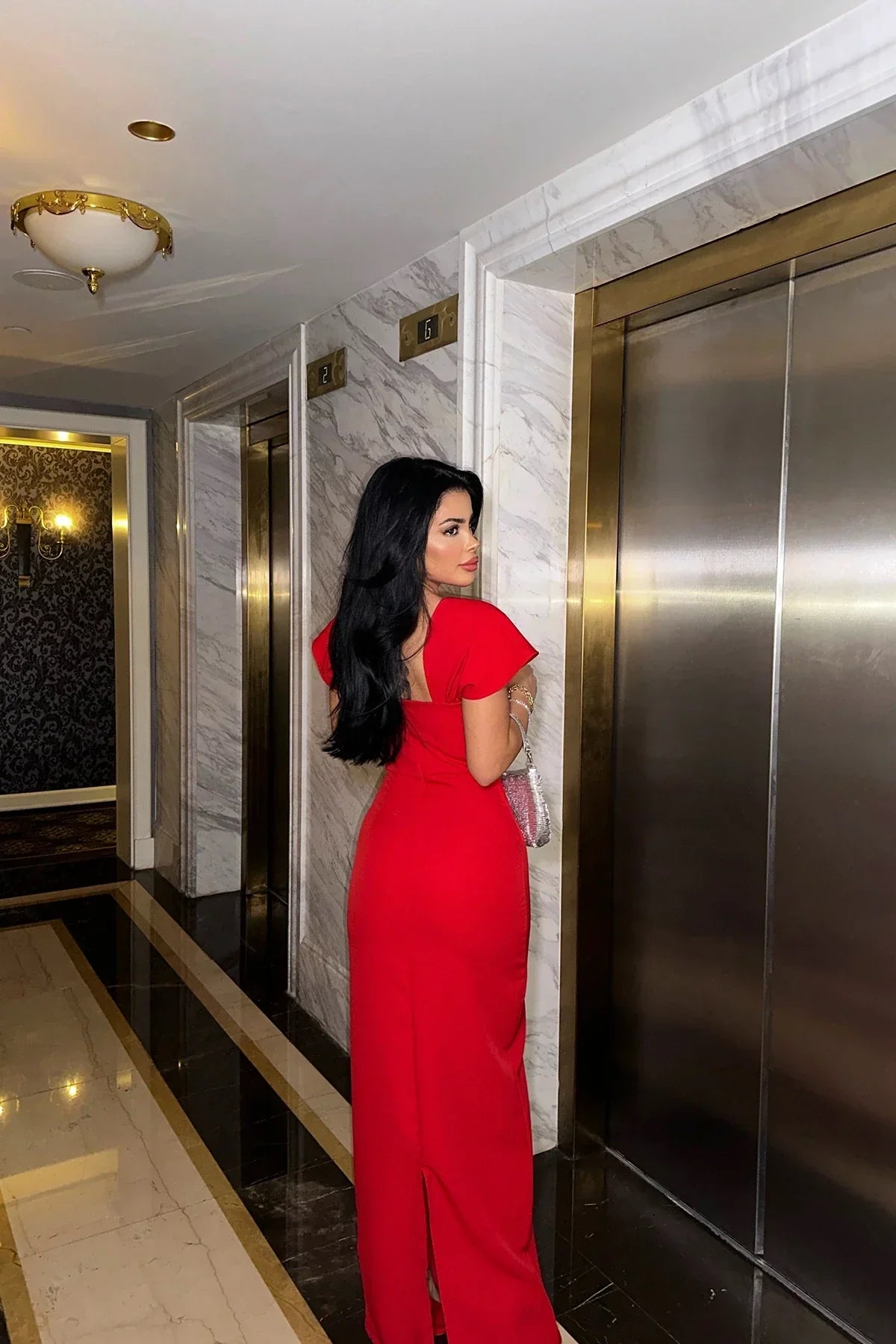 Elegant Square Neck Short Sleeve Open Back Beaded Trim Maxi Prom Dress For Formal Evening Wedding Guest