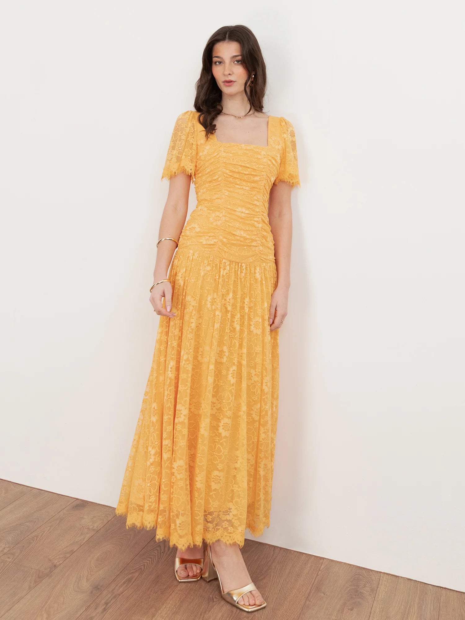 Elegant Square Neck Short Sleeve Ruched Floral Lace Maxi Dress For Formal Evening Brunch Wedding Guest