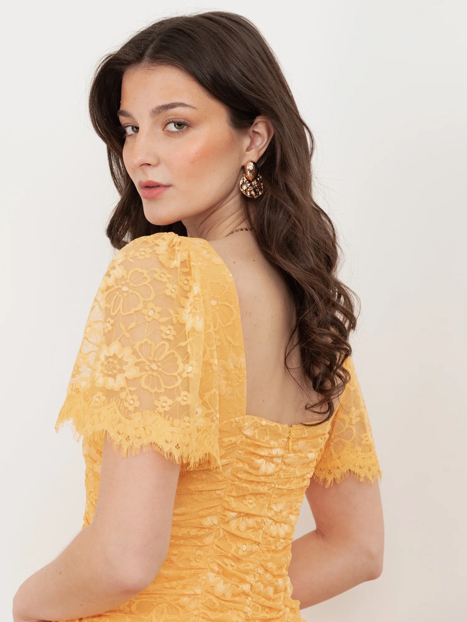 Elegant Square Neck Short Sleeve Ruched Floral Lace Maxi Dress For Formal Evening Brunch Wedding Guest