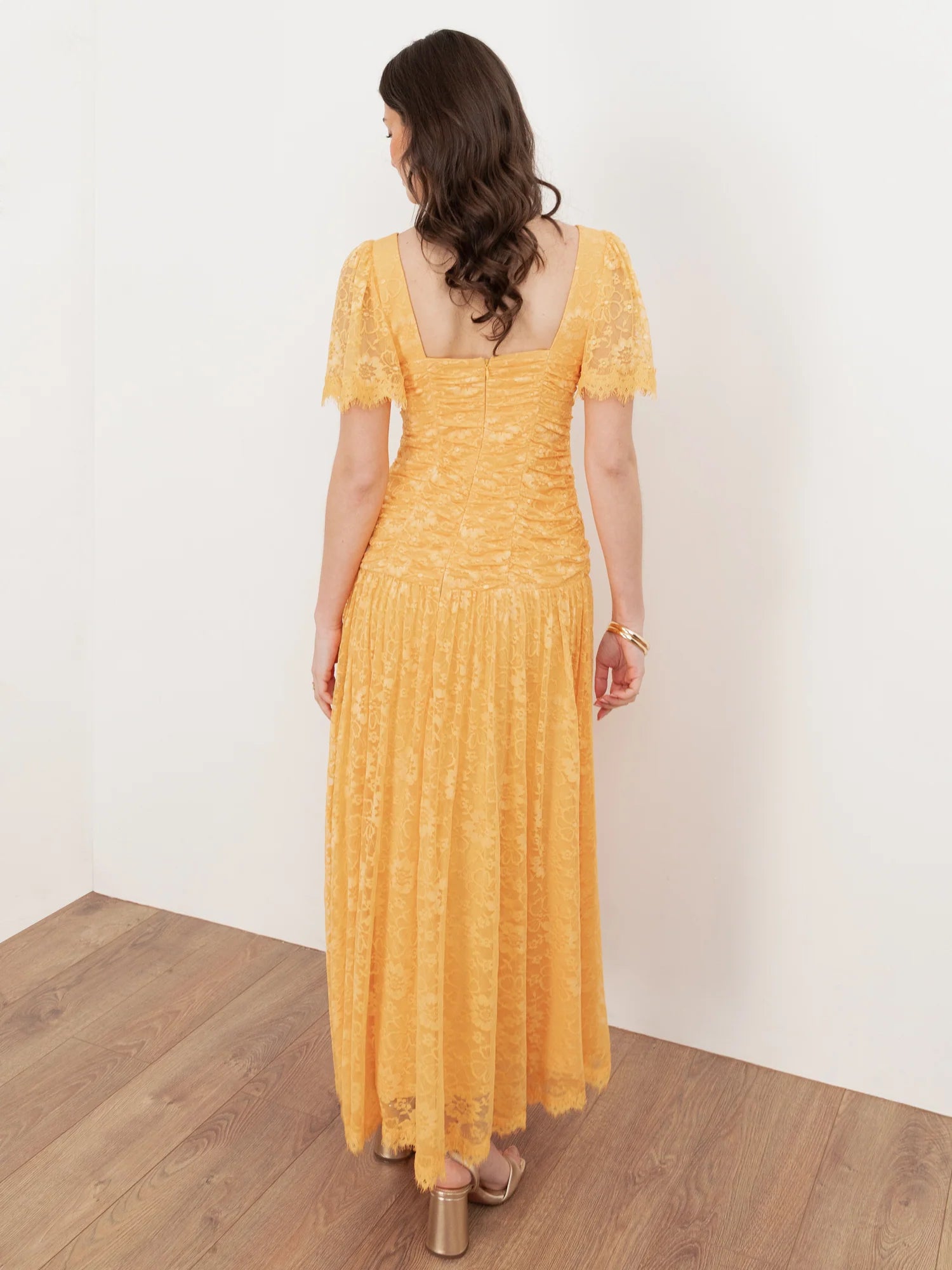 Elegant Square Neck Short Sleeve Ruched Floral Lace Maxi Dress For Formal Evening Brunch Wedding Guest