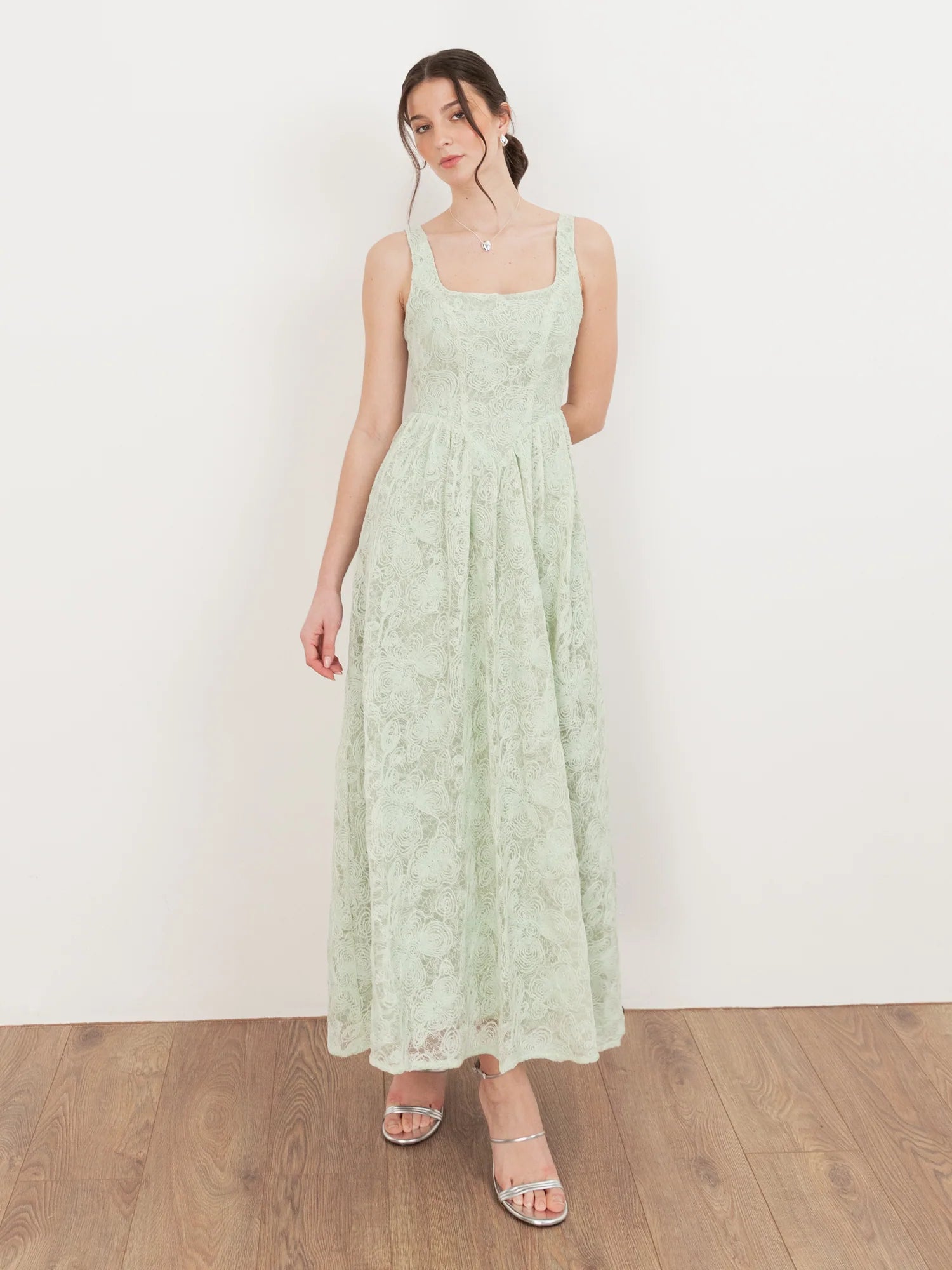 Elegant Square Neck Sleeveless Floral Lace A Line Maxi Dress For Formal Evening Brunch Wedding Guest