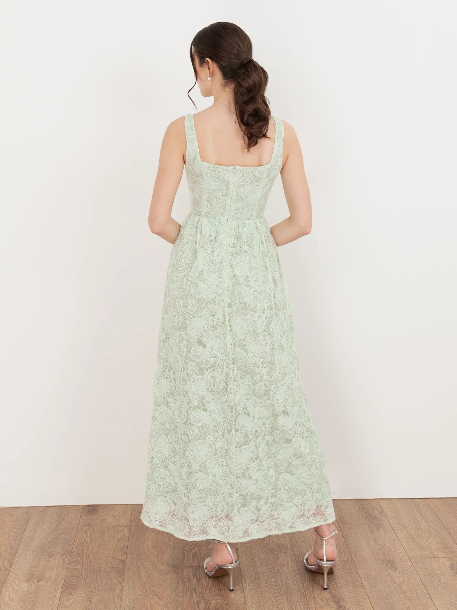 Elegant Square Neck Sleeveless Floral Lace A Line Maxi Dress For Formal Evening Brunch Wedding Guest