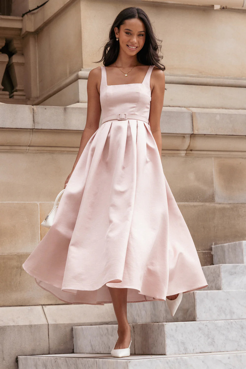 Elegant Square Neck Sleeveless Smocked Back Belted Flared Midi Prom Dress For Formal Evening Wedding Guest Bridesmaid Cocktail Party