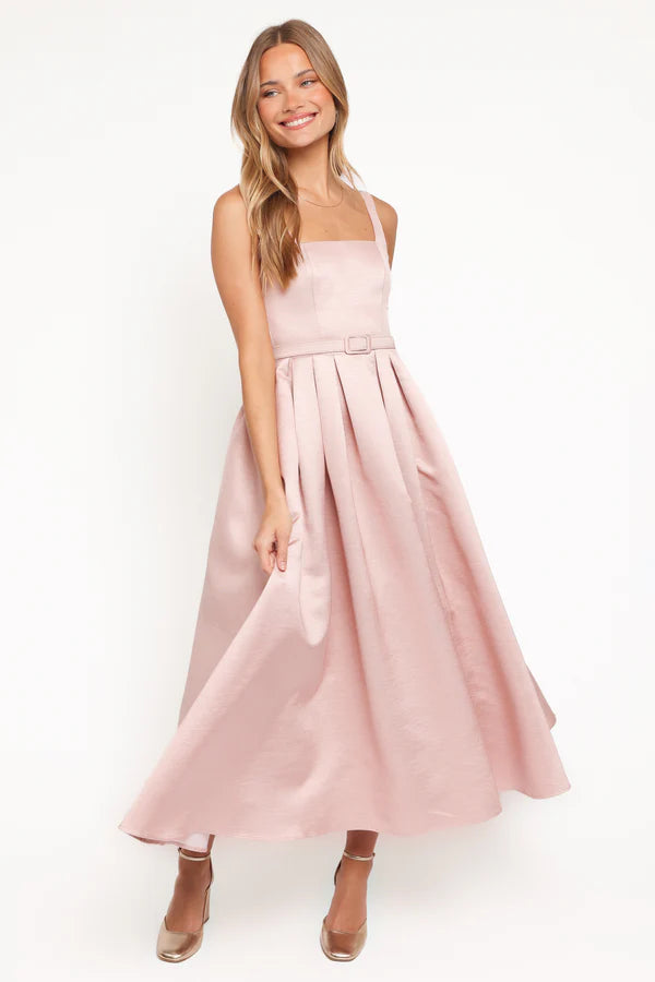Elegant Square Neck Sleeveless Smocked Back Belted Flared Midi Prom Dress For Formal Evening Wedding Guest Bridesmaid Cocktail Party