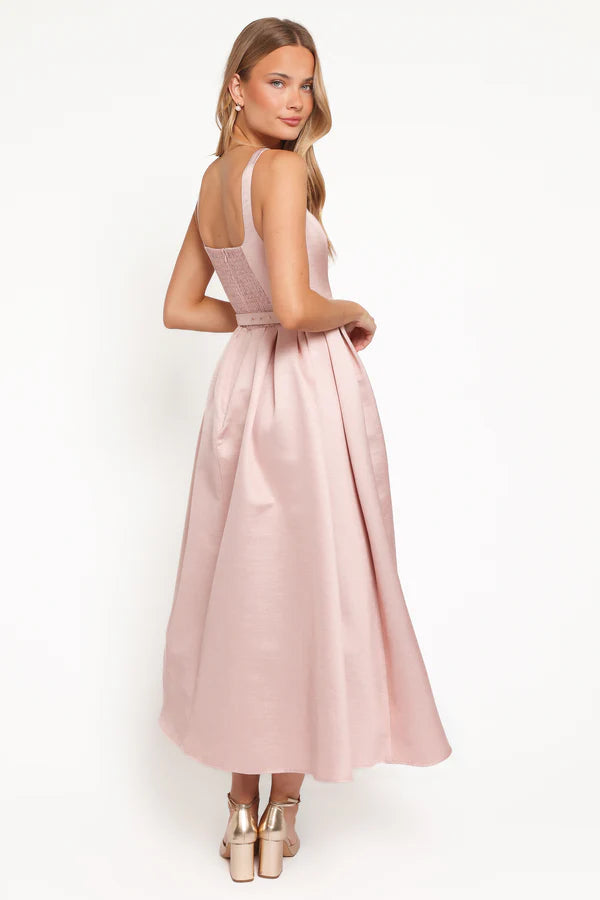 Elegant Square Neck Sleeveless Smocked Back Belted Flared Midi Prom Dress For Formal Evening Wedding Guest Bridesmaid Cocktail Party
