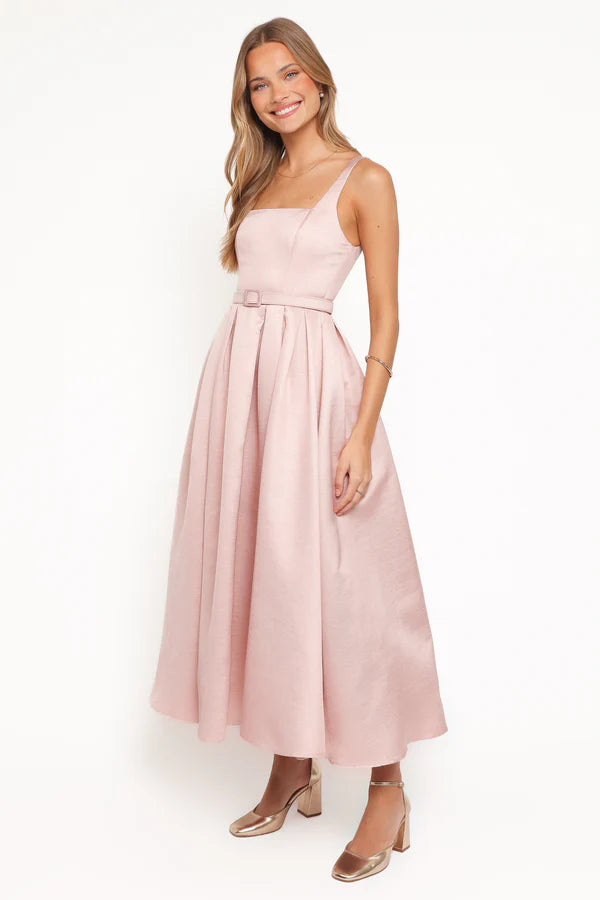 Elegant Square Neck Sleeveless Smocked Back Belted Flared Midi Prom Dress For Formal Evening Wedding Guest Bridesmaid Cocktail Party