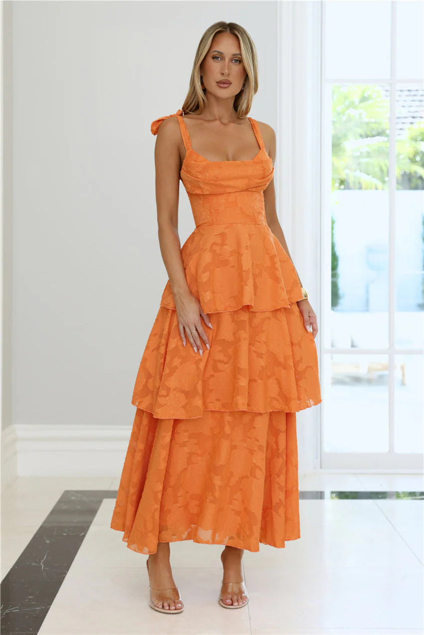 Elegant Square Neck Tie Shoulder Detail Open Back Tiered Floral Jacquard Maxi Evening Dress For Formal Evening Prom Wedding Guest Bridesmaid Beach Wedding Cocktail Party Gala