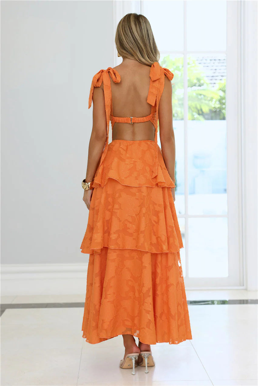 Elegant Square Neck Tie Shoulder Detail Open Back Tiered Floral Jacquard Maxi Evening Dress For Formal Evening Prom Wedding Guest Bridesmaid Beach Wedding Cocktail Party Gala
