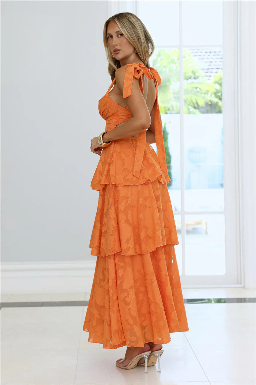 Elegant Square Neck Tie Shoulder Detail Open Back Tiered Floral Jacquard Maxi Evening Dress For Formal Evening Prom Wedding Guest Bridesmaid Beach Wedding Cocktail Party Gala