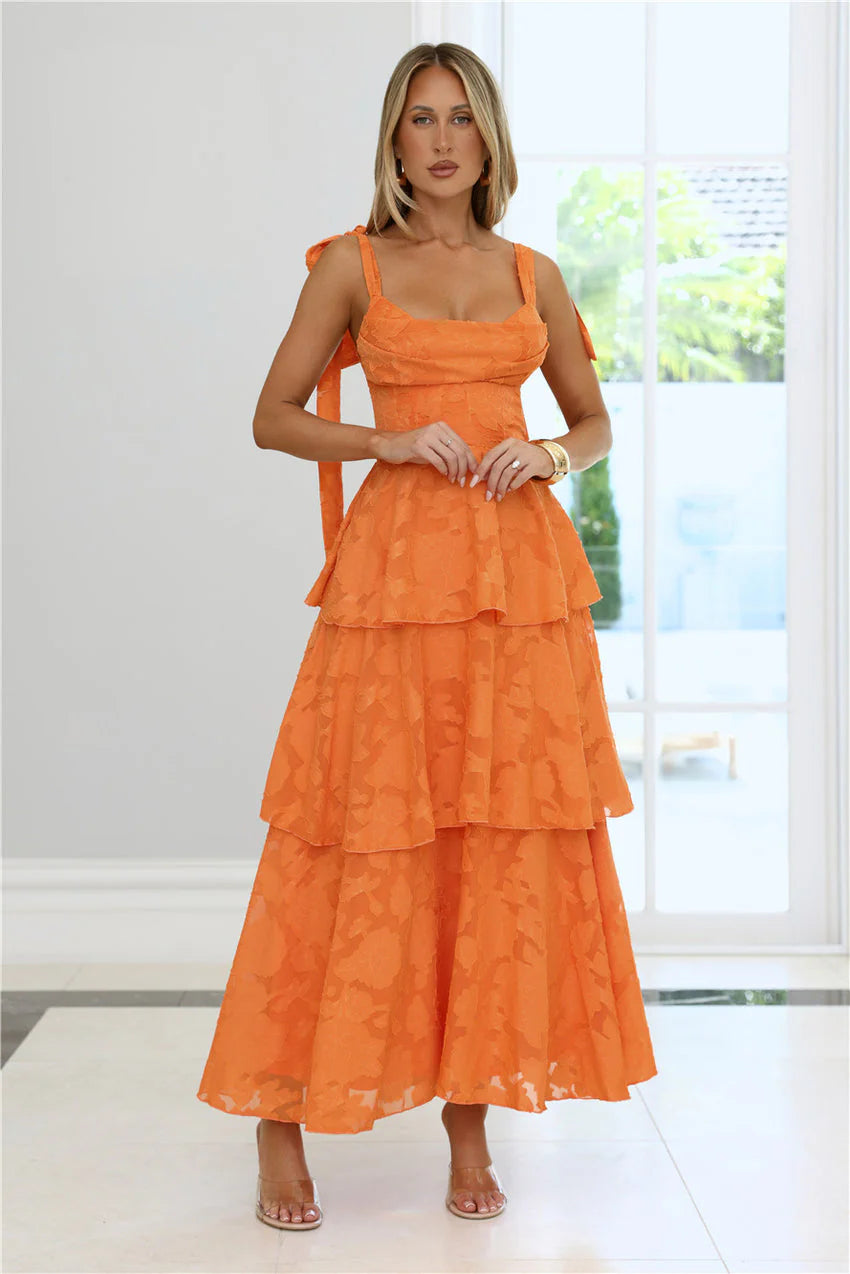 Elegant Square Neck Tie Shoulder Detail Open Back Tiered Floral Jacquard Maxi Evening Dress For Formal Evening Prom Wedding Guest Bridesmaid Beach Wedding Cocktail Party Gala