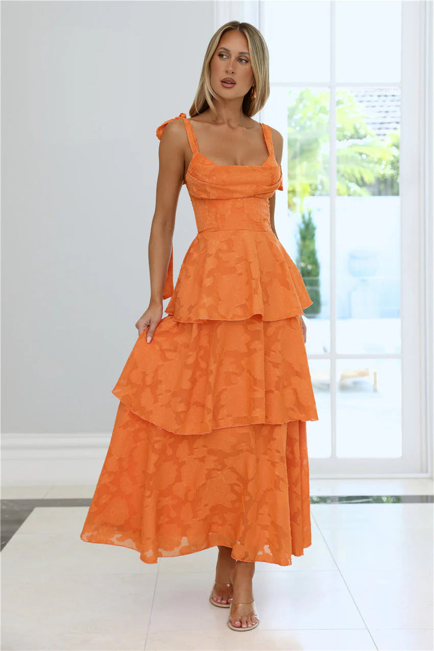 Elegant Square Neck Tie Shoulder Detail Open Back Tiered Floral Jacquard Maxi Evening Dress For Formal Evening Prom Wedding Guest Bridesmaid Beach Wedding Cocktail Party Gala