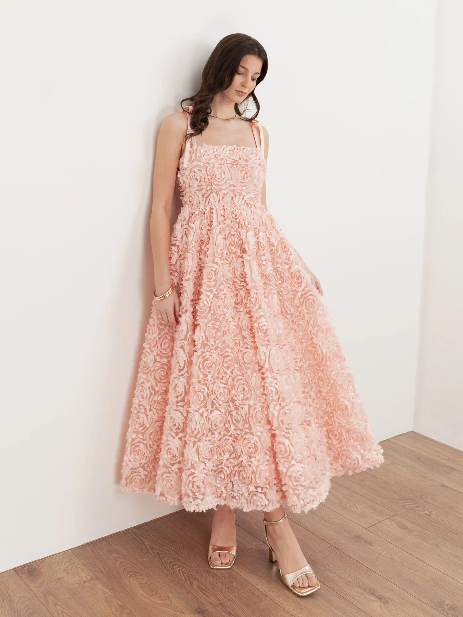 Elegant Square Neck Tie Strap 3D Floral Embroidered A Line Maxi Dress For Formal Evening Wedding Guest Bridal Shower