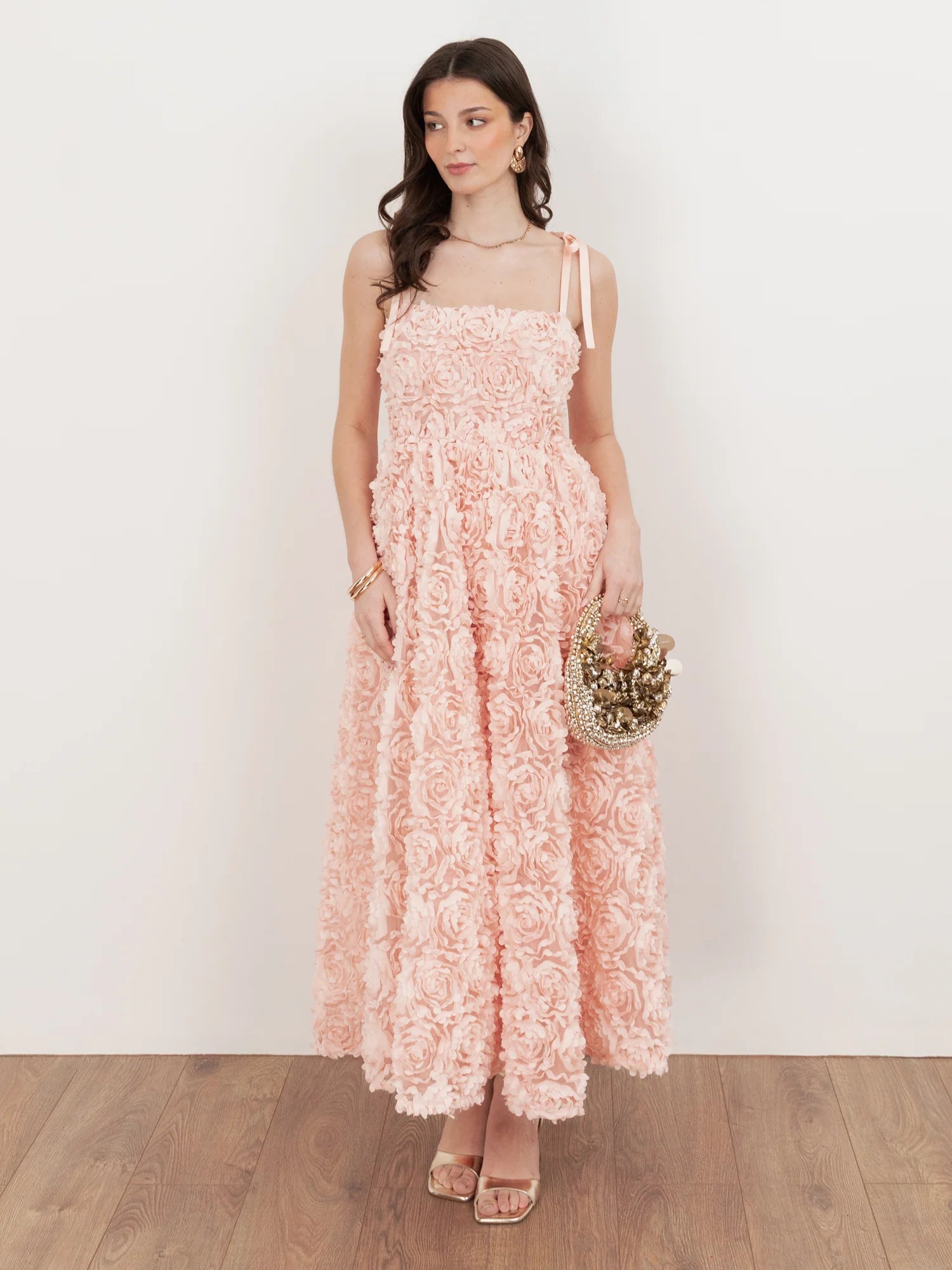 Elegant Square Neck Tie Strap 3D Floral Embroidered A Line Maxi Dress For Formal Evening Wedding Guest Bridal Shower