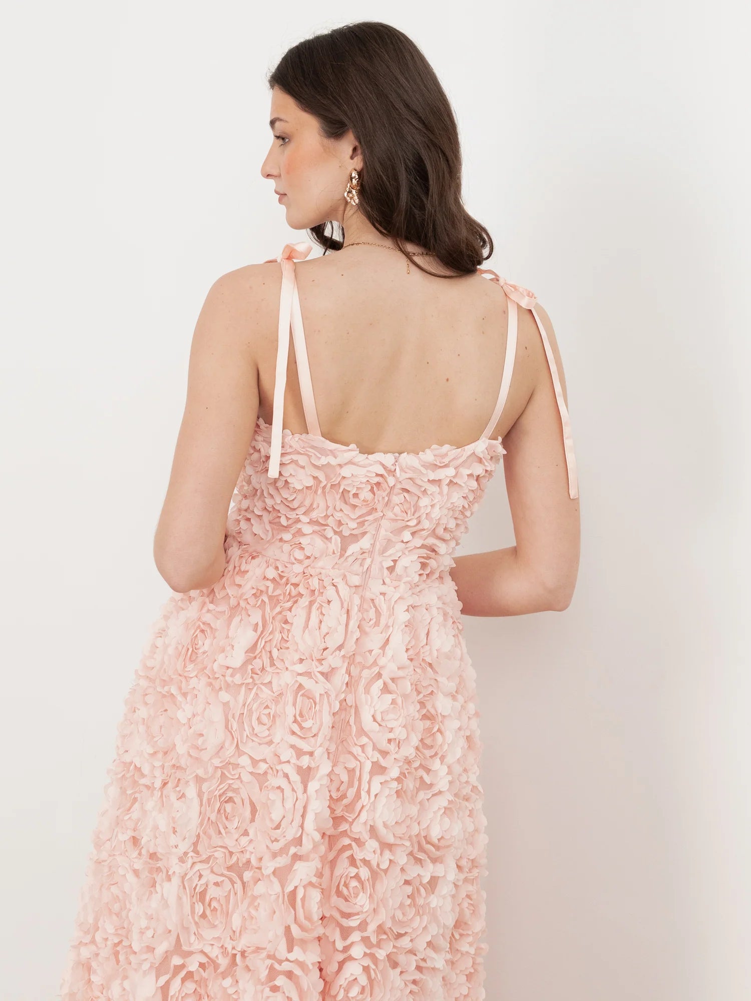 Elegant Square Neck Tie Strap 3D Floral Embroidered A Line Maxi Dress For Formal Evening Wedding Guest Bridal Shower