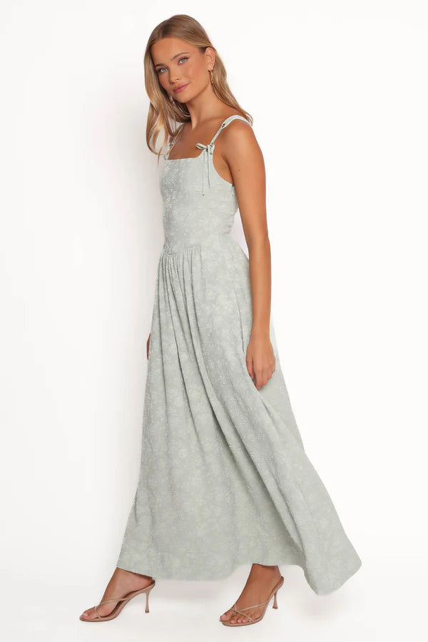Elegant Square Neck Tie Strap Smocked Back Textured A-Line Maxi Prom Dress For Formal Evening Wedding Guest Bridesmaid Cocktail Party