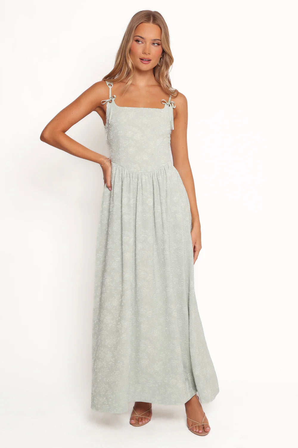 Elegant Square Neck Tie Strap Smocked Back Textured A-Line Maxi Prom Dress For Formal Evening Wedding Guest Bridesmaid Cocktail Party