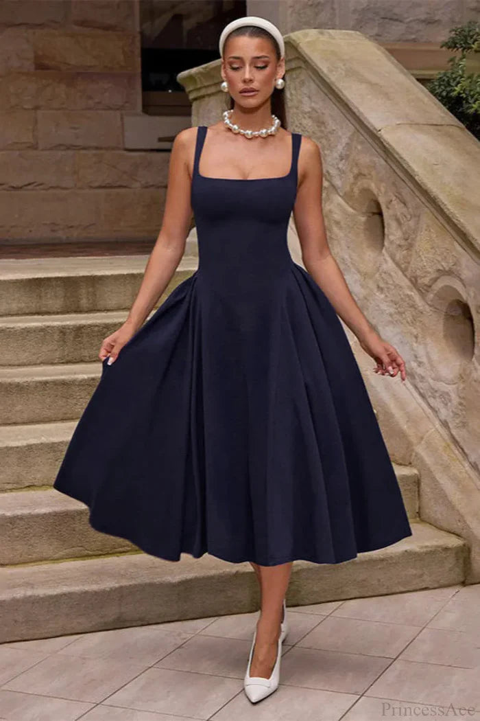 Elegant Square Neck Wide Strap Fitted Bodice Flared A-Line Midi Prom Dress For Wedding Guest