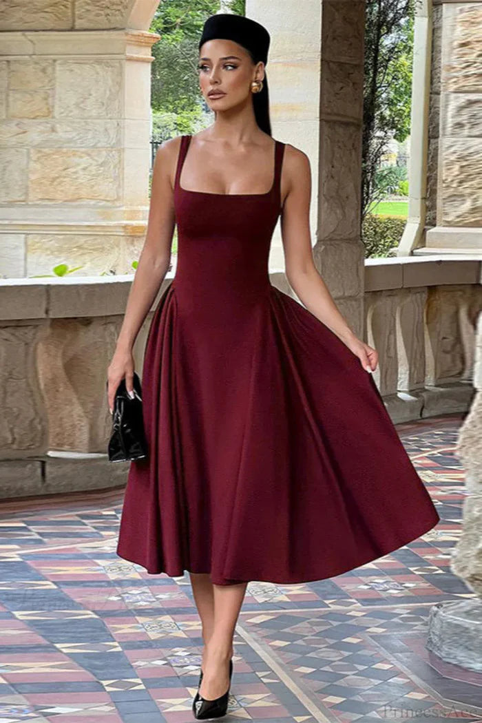 Elegant Square Neck Wide Strap Fitted Bodice Flared A-Line Midi Prom Dress For Wedding Guest