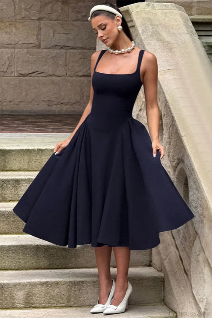 Elegant Square Neck Wide Strap Fitted Bodice Flared A-Line Midi Prom Dress For Wedding Guest
