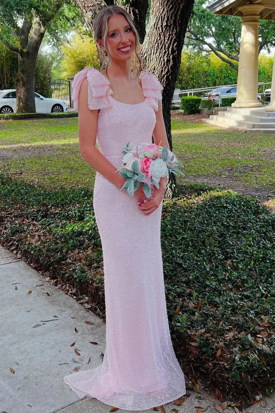 Elegant Square Neckline Double Ruffle Shoulder Open Back All Over Sequin Embellished Mermaid Maxi Evening Dress With Train For Formal Evening Prom Wedding Guest Bridesmaid Gala