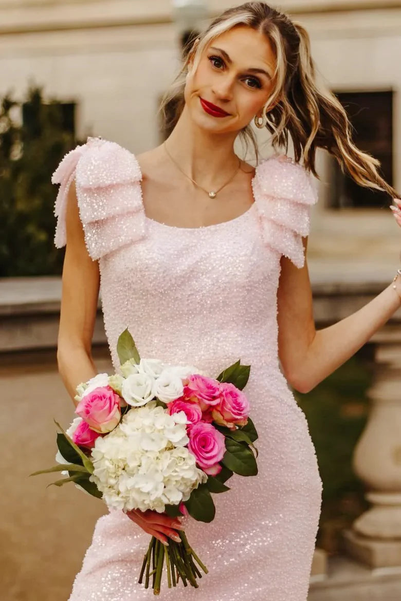 Elegant Square Neckline Double Ruffle Shoulder Open Back All Over Sequin Embellished Mermaid Maxi Evening Dress With Train For Formal Evening Prom Wedding Guest Bridesmaid Gala