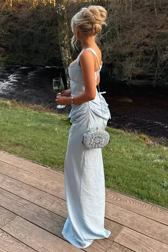 Elegant Square Neckline Open Back Lace Up Detail Ruched Draped Satin Mermaid Evening Dress For Formal Evening Prom Wedding Guest Bridesmaid Gala