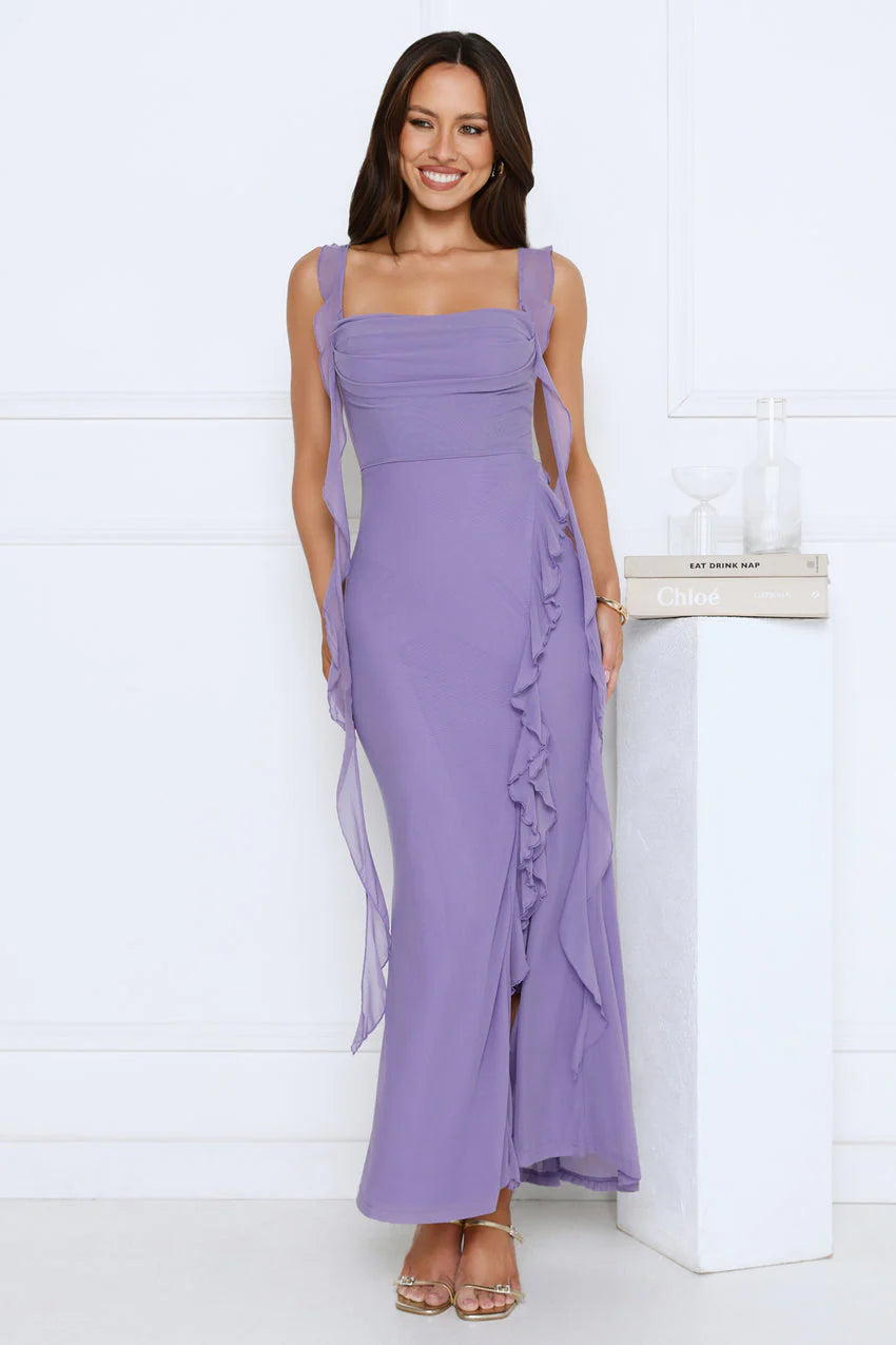 Elegant Square Neckline Ruffle Shoulder Straps Ruched Bodice High Slit Ruffle Detail Mermaid Maxi Evening Dress For Formal Evening Prom Wedding Guest Bridesmaid Beach Wedding Cocktail Party Gala