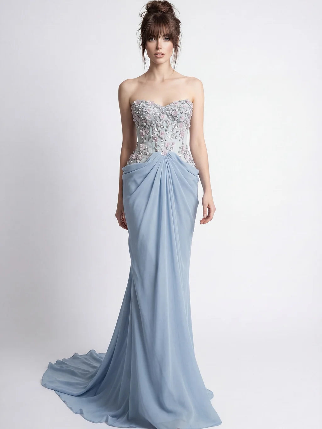 Elegant Strapless 3D Floral Beaded Lace Up Corset Draped Chiffon Mermaid Maxi Prom Dress with Train